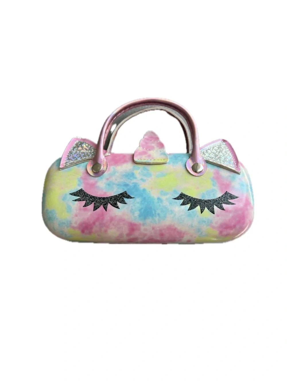Unicorn Pastel Tie-Dye Glitter Eyelashes Ears Top-Handle Sunglasses 6” Case